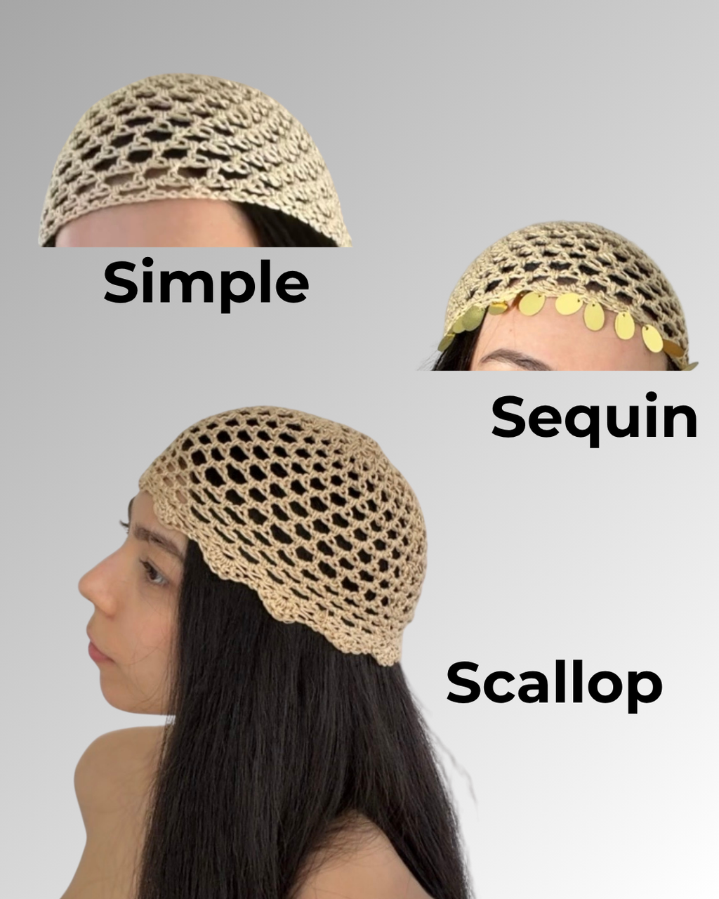 Three different styles of a hat worn by a model on a gray background.