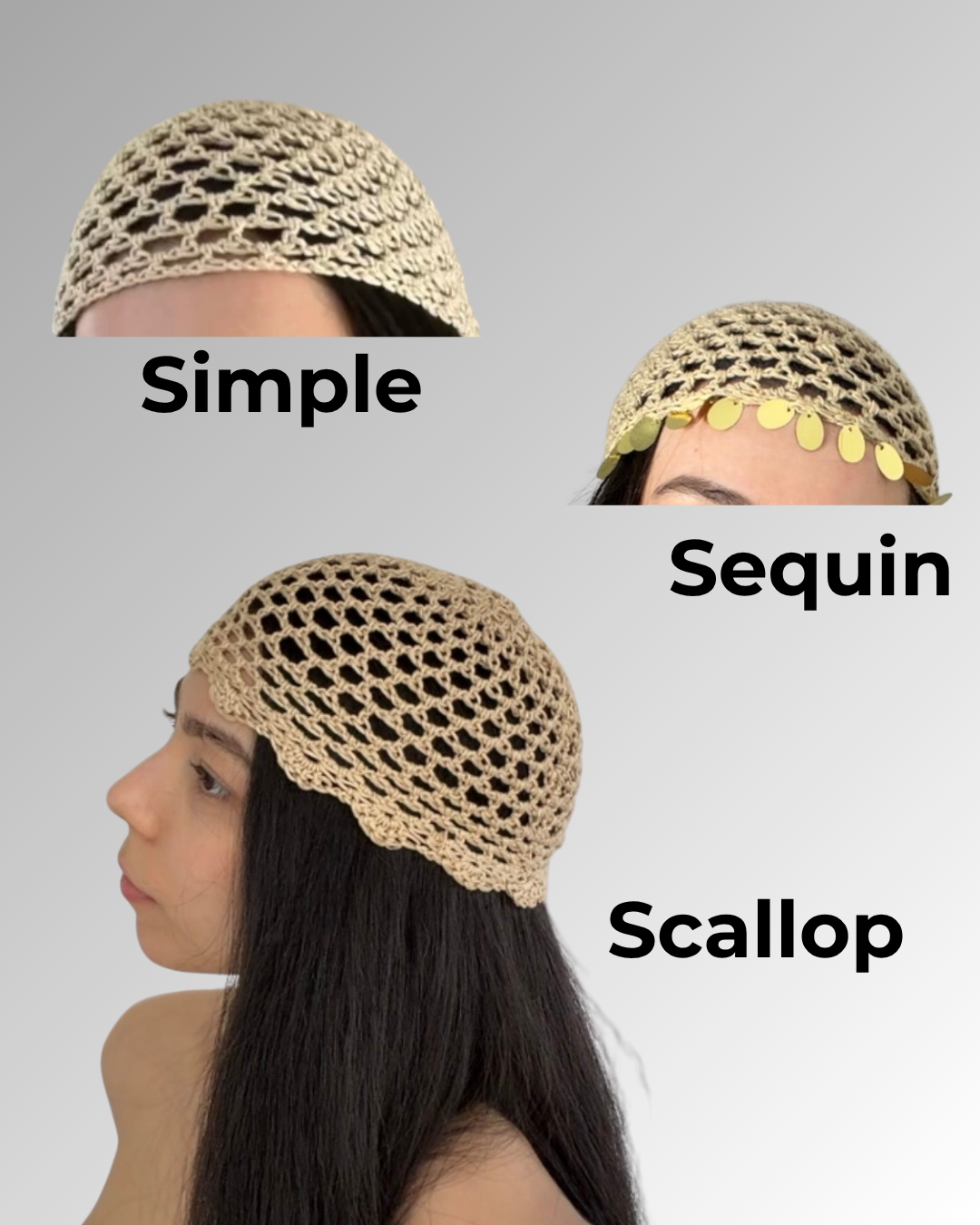 Three different styles of a hat worn by a model on a gray background.